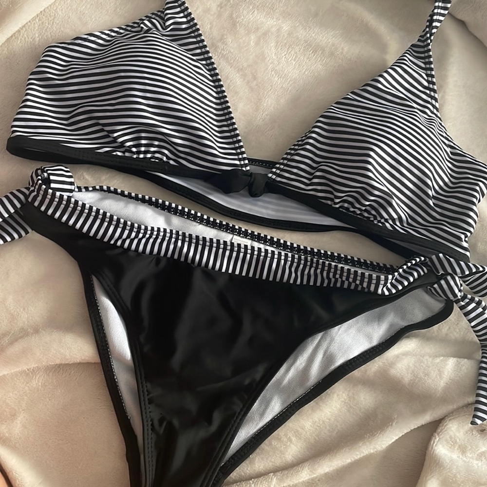 Black and white striped bikini.